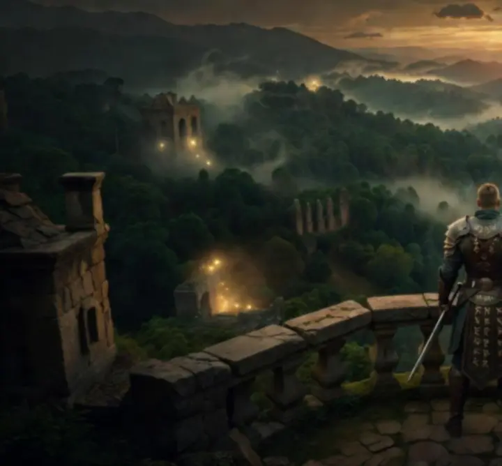 Cinematikus jelenet az Ultimate Magyar Central magyar fantasy világából, várral és ősrengeteggel