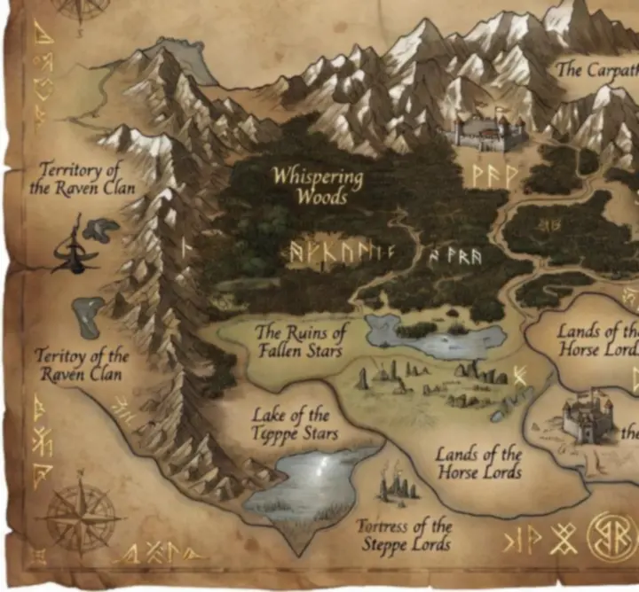 Részletes fantasy világtérkép a Magyar Központi Királyságról, jelölt erődökkel, erdőkkel, romokkal és klánterületekkel.
